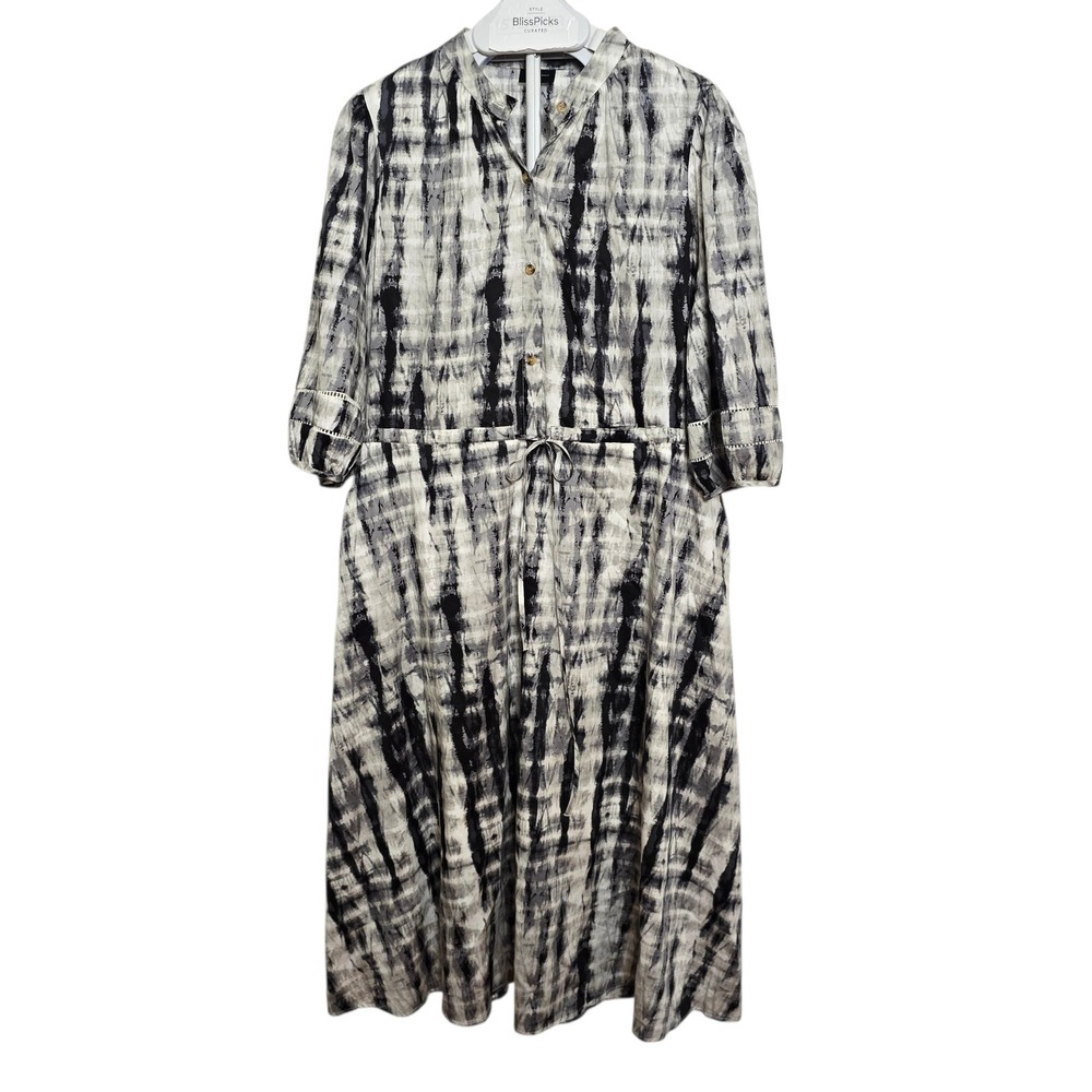 Who What Wear XL Shibori Tie Dye Cotton Midi Dress 3/4 Coastal Boho Drawstring